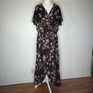 Lane Bryant brown floral maxi dress flutter sleeves high low size 22/24